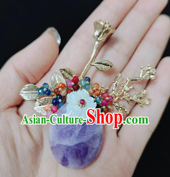 Handmade China Cheongsam Shell Flower Breastpin Amethyst Brooch Accessories Classical Jewelry