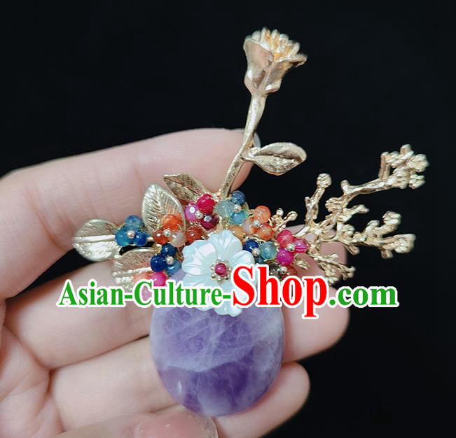 Handmade China Cheongsam Shell Flower Breastpin Amethyst Brooch Accessories Classical Jewelry