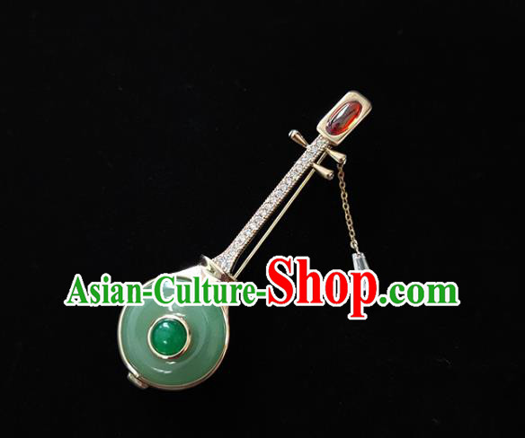 Handmade China Jade Brooch Accessories Cheongsam Crystal Lute Breastpin Classical Jewelry