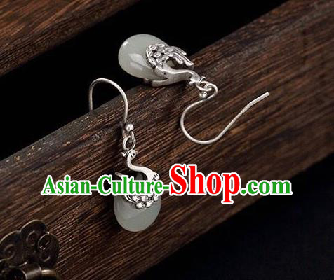 Top Chinese Cheongsam Accessories Silver Carving Phoenix Earrings Classical Jade Ear Jewelry