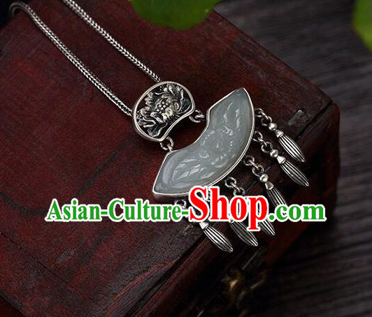 Handmade China Jade Carving Peony Tassel Pendant Accessories Classical Cheongsam Silver Necklace Jewelry