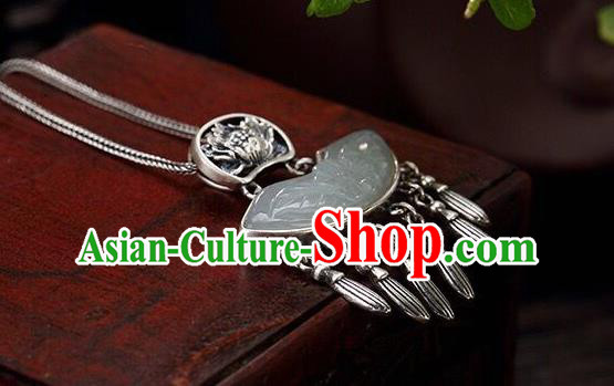 Handmade China Jade Carving Peony Tassel Pendant Accessories Classical Cheongsam Silver Necklace Jewelry