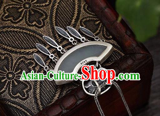 Handmade China Jade Carving Peony Tassel Pendant Accessories Classical Cheongsam Silver Necklace Jewelry