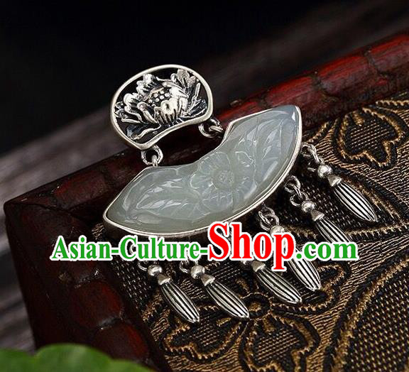 Handmade China Jade Carving Peony Tassel Pendant Accessories Classical Cheongsam Silver Necklace Jewelry