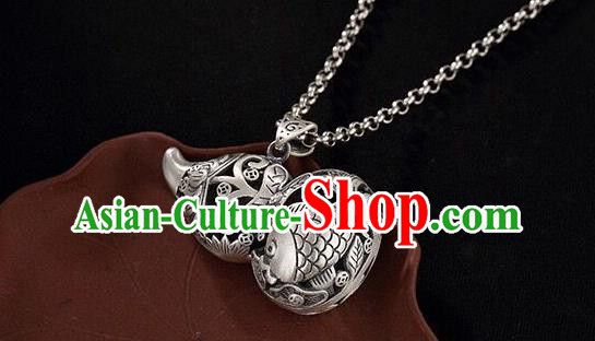 Handmade China Carving Carp Pendant Accessories Classical Cheongsam Silver Gourd Necklace Jewelry