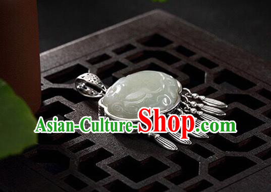 Handmade China Cheongsam Pendant Accessories Silver Longevity Lock Classical Jade Necklace Jewelry