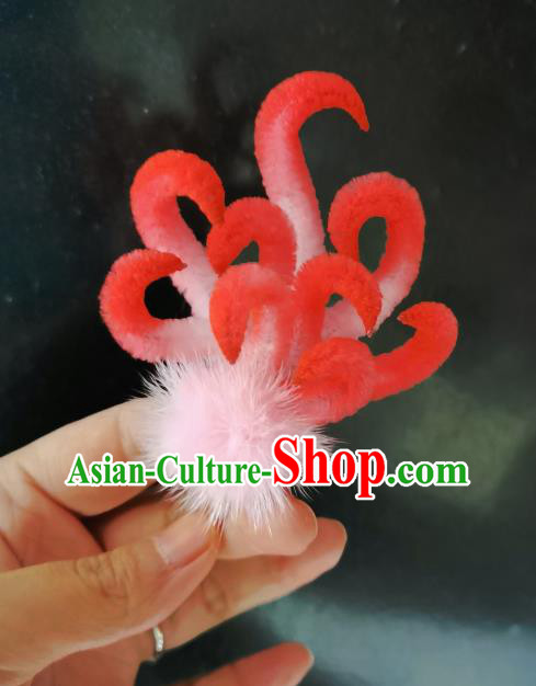 China Traditional Red Velvet Fox Hair Stick Handmade Ancient Princess Hairpin