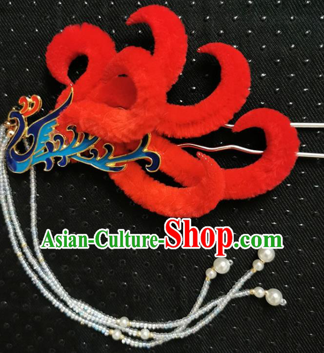 China Ancient Princess Phoenix Tassel Hairpin Handmade Traditional Red Velvet Hair Stick