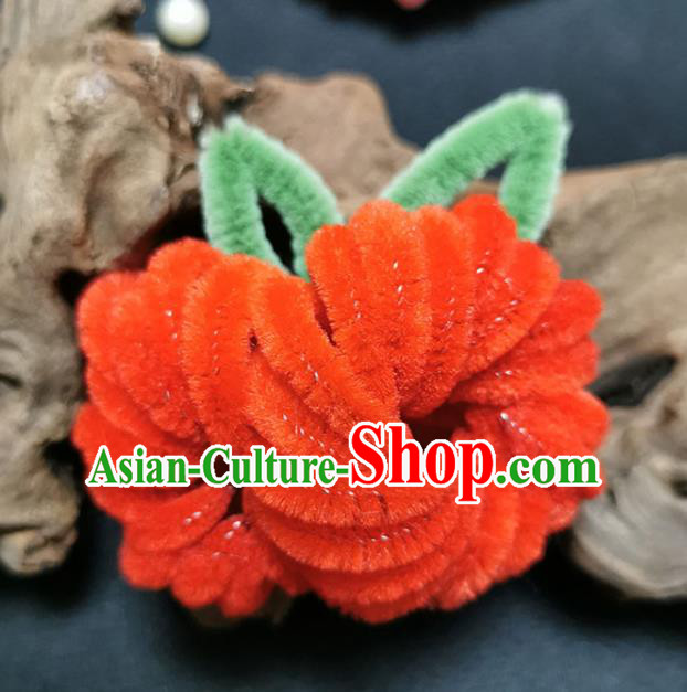 China Traditional Ancient Princess Flower Hairpin Handmade Red Velvet Chrysanthemum Hair Stick