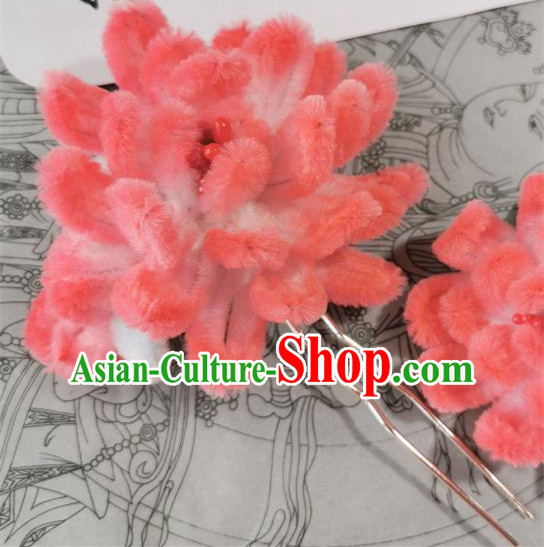 China Traditional Hanfu Hairpin Ancient Princess Hair Accessories Handmade Peach Pink Velvet Camellia Hair Clip