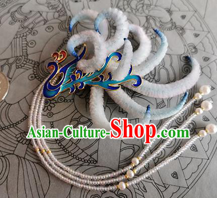 China Traditional Ming Dynasty Phoenix Velvet Hairpin Handmade Ancient Empress Beads Tassel Hair Stick