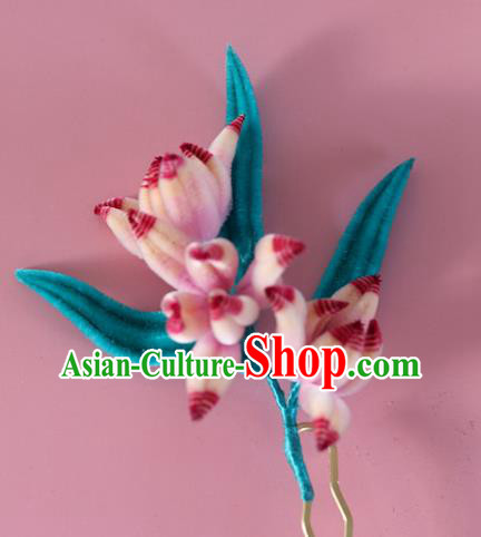 China Handmade Velvet Orchids Hair Stick Traditional Ancient Hanfu Hairpin