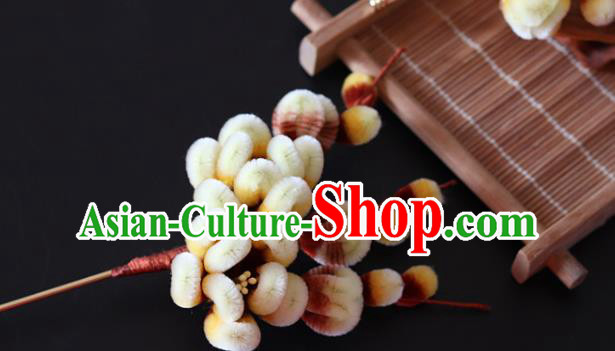 China Traditional Ancient Hanfu Hairpin Handmade Yellow Velvet Plum Blossom Hair Stick