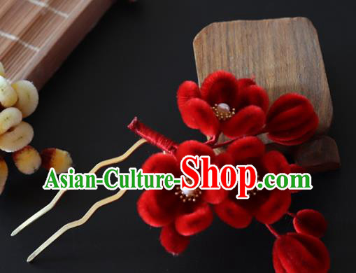 China Handmade Red Velvet Plum Blossom Hair Stick Traditional Ancient Qing Dynasty Princess Hairpin