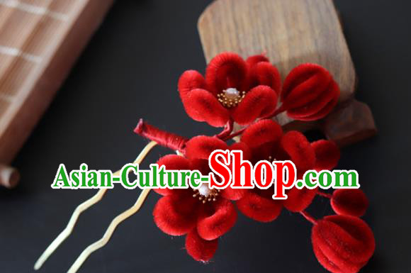 China Handmade Red Velvet Plum Blossom Hair Stick Traditional Ancient Qing Dynasty Princess Hairpin