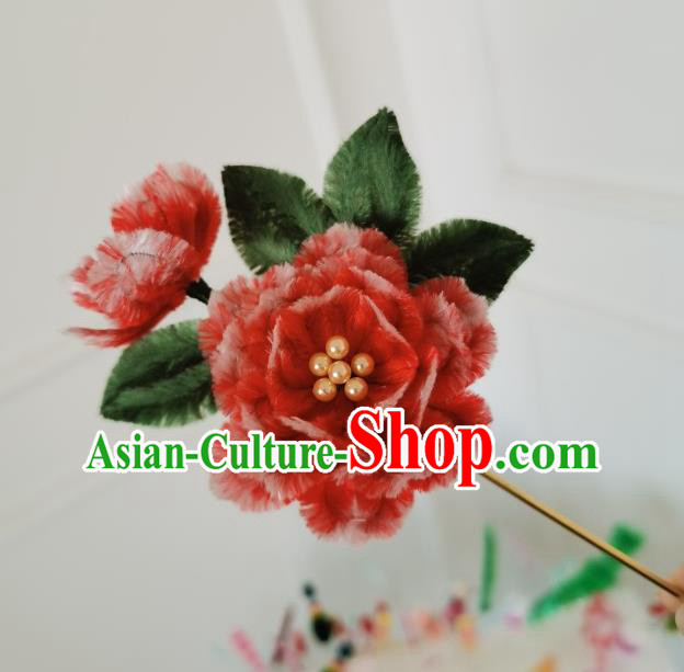 China Handmade Red Velvet Peony Hair Stick Traditional Ancient Qing Dynasty Princess Flowers Hairpin