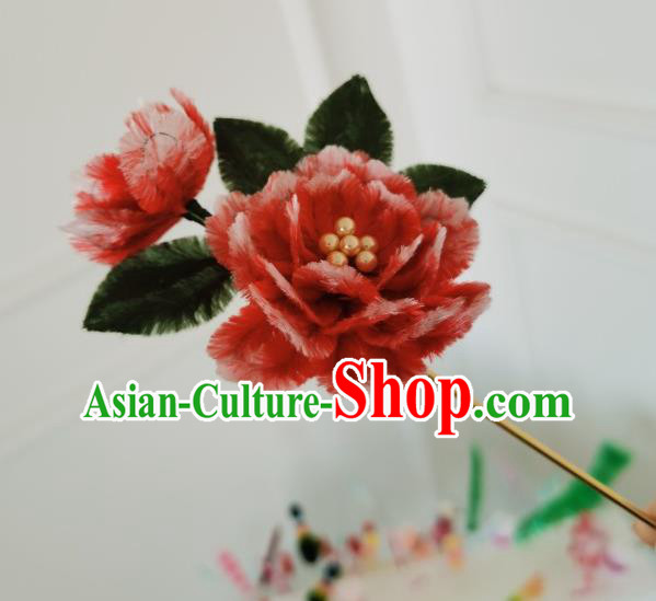 China Handmade Red Velvet Peony Hair Stick Traditional Ancient Qing Dynasty Princess Flowers Hairpin