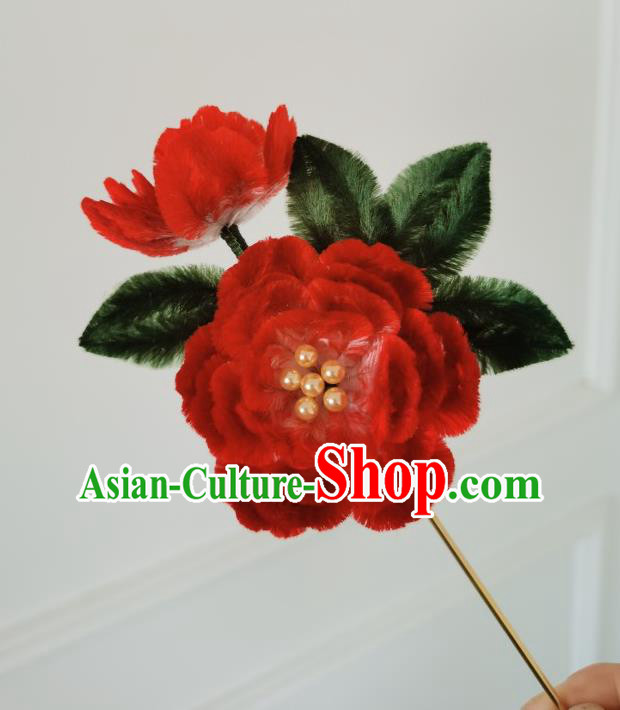 China Traditional Ancient Qing Dynasty Princess Flowers Hairpin Handmade Red Velvet Peony Hair Stick