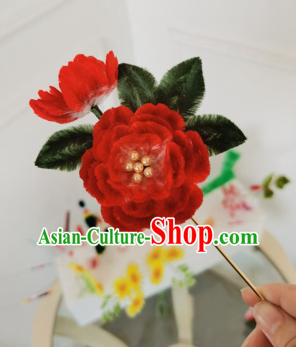 China Traditional Ancient Qing Dynasty Princess Flowers Hairpin Handmade Red Velvet Peony Hair Stick