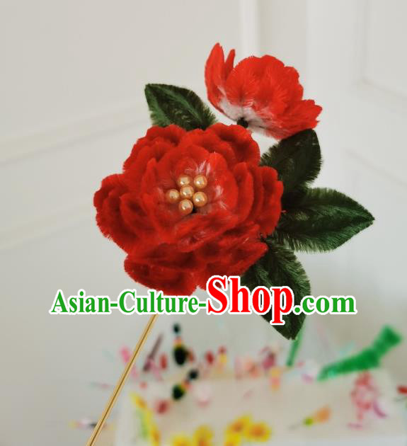 China Traditional Ancient Qing Dynasty Princess Flowers Hairpin Handmade Red Velvet Peony Hair Stick