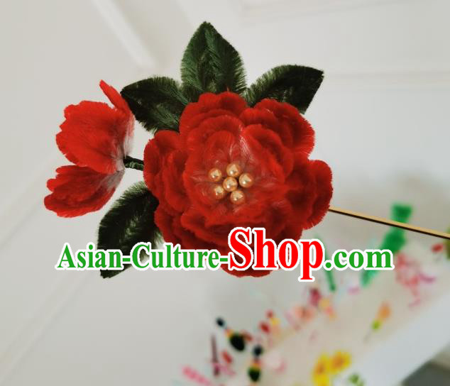 China Traditional Ancient Qing Dynasty Princess Flowers Hairpin Handmade Red Velvet Peony Hair Stick