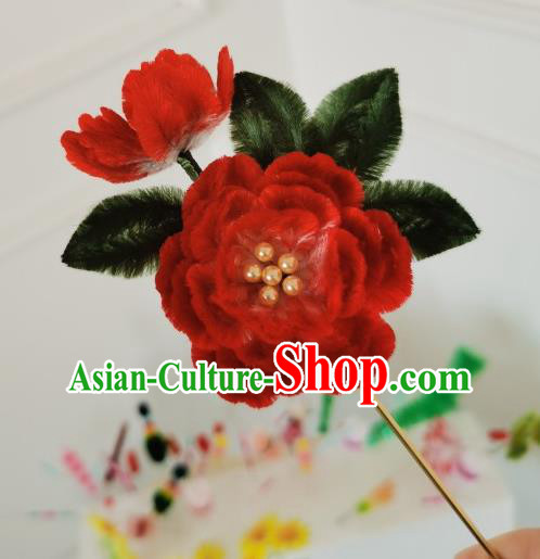 China Traditional Ancient Qing Dynasty Princess Flowers Hairpin Handmade Red Velvet Peony Hair Stick