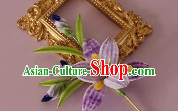 China Traditional Ancient Qing Dynasty Hairpin Handmade Lilac Velvet Lily Flower Hair Stick