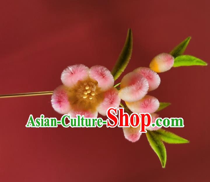 China Ancient Empress Pink Plum Blossom Hairpin Traditional Handmade Velvet Hair Stick