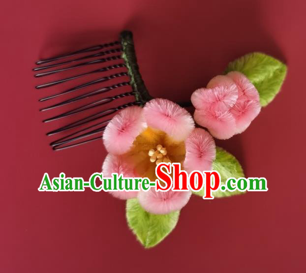 China Traditional Handmade Velvet Plum Hair Comb Ancient Princess Pink Hair Stick