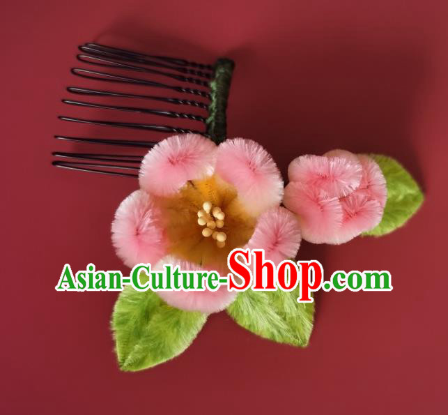 China Traditional Handmade Velvet Plum Hair Comb Ancient Princess Pink Hair Stick