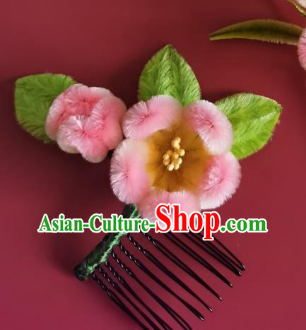 China Traditional Handmade Velvet Plum Hair Comb Ancient Princess Pink Hair Stick