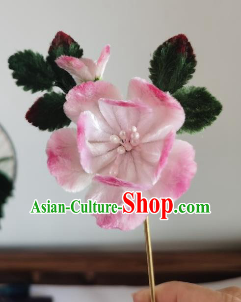 China Traditional Handmade Pink Velvet Peach Blossom Hairpin Ancient Princess Hair Stick