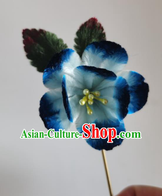 China Traditional Ancient Princess Hair Stick Handmade Blue Velvet Peach Blossom Hairpin