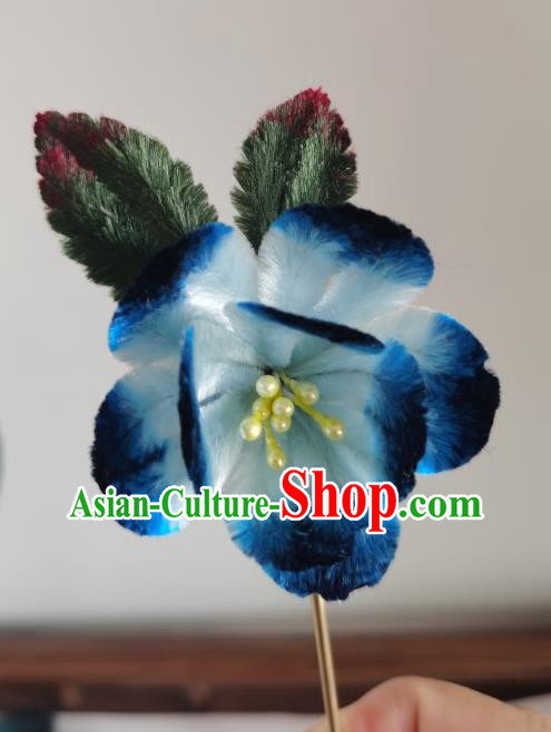 China Traditional Ancient Princess Hair Stick Handmade Blue Velvet Peach Blossom Hairpin