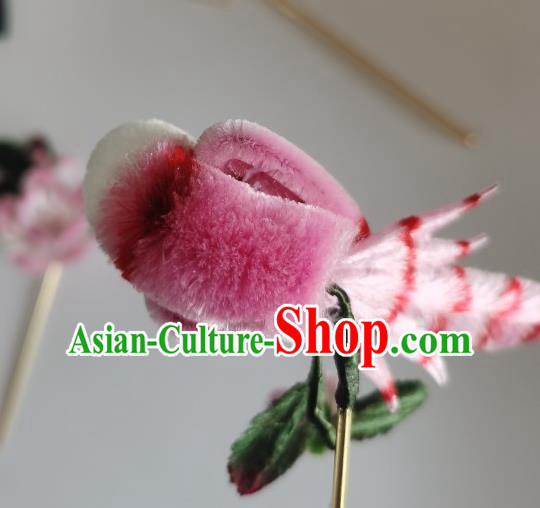 China Traditional Ancient Hanfu Hair Stick Handmade Pink Velvet Bird Hairpin