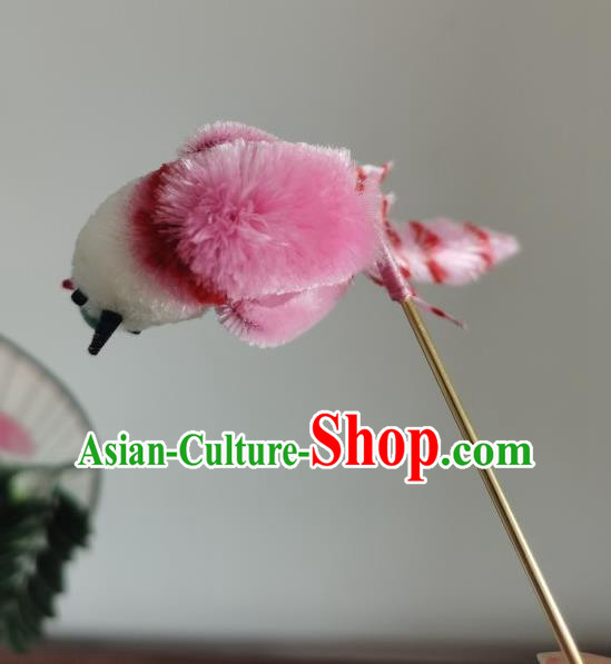 China Traditional Ancient Hanfu Hair Stick Handmade Pink Velvet Bird Hairpin