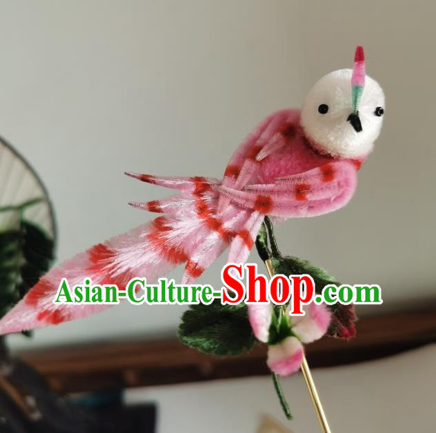 China Traditional Ancient Hanfu Hair Stick Handmade Pink Velvet Bird Hairpin