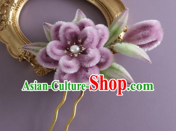 Traditional China Handmade Purple Velvet Flowers Hair Accessories Ancient Hanfu Hairpin