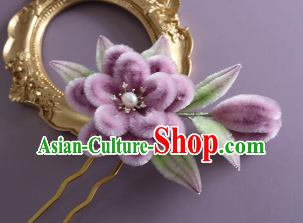 Traditional China Handmade Purple Velvet Flowers Hair Accessories Ancient Hanfu Hairpin