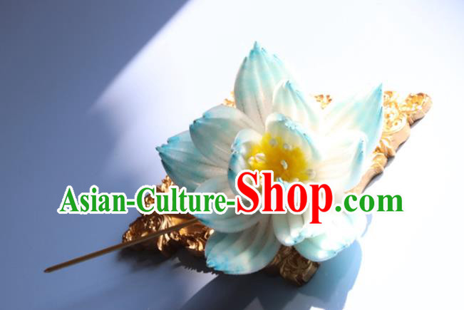Handmade China Ancient Hanfu Hairpin Traditional Blue Velvet Lotus Hair Accessories