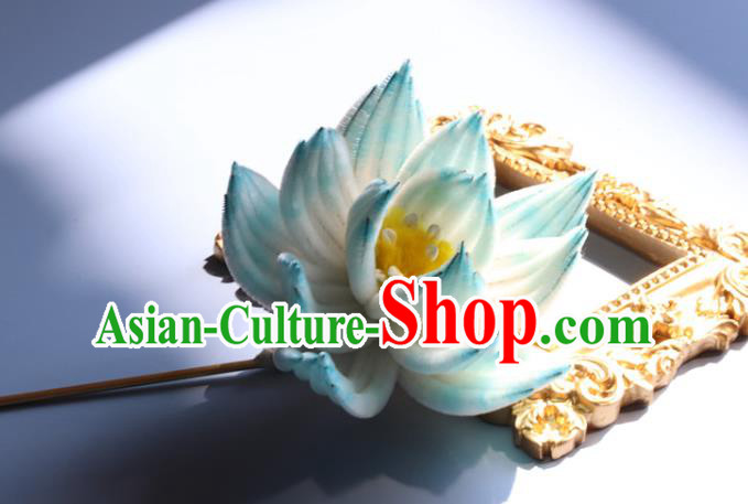 Handmade China Ancient Hanfu Hairpin Traditional Blue Velvet Lotus Hair Accessories