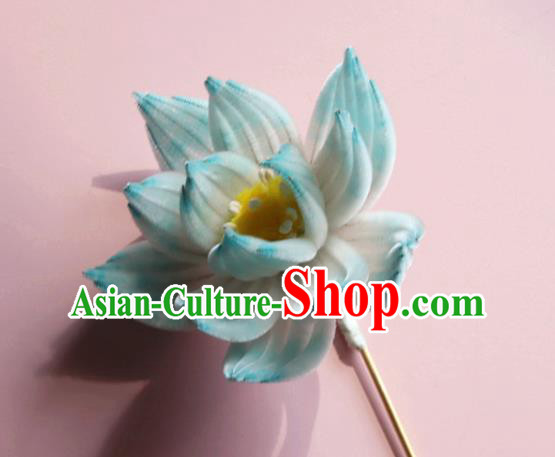 Handmade China Ancient Hanfu Hairpin Traditional Blue Velvet Lotus Hair Accessories