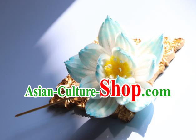 Handmade China Ancient Hanfu Hairpin Traditional Blue Velvet Lotus Hair Accessories