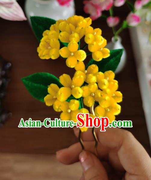 Handmade China Traditional Ancient Hanfu Yellow Flowers Hairpin Velvet Osmanthus Hair Accessories