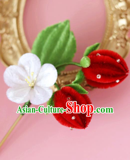 Handmade China Ancient Hanfu Red Velvet Strawberry Hairpin Traditional Hair Accessories