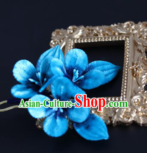 Handmade China Ancient Blue Velvet Plum Blossom Hairpin Traditional Hanfu Hair Accessories