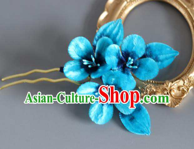 Handmade China Ancient Blue Velvet Plum Blossom Hairpin Traditional Hanfu Hair Accessories