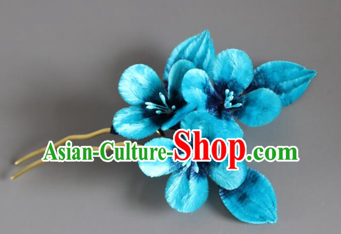 Handmade China Ancient Blue Velvet Plum Blossom Hairpin Traditional Hanfu Hair Accessories