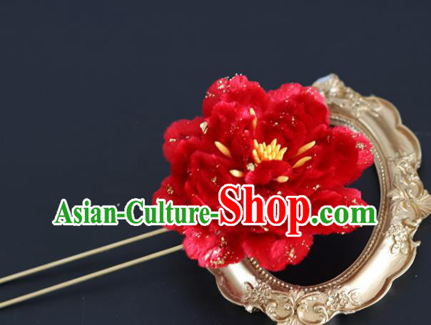 Handmade China Traditional Wedding Hanfu Hair Accessories Ancient Red Velvet Peony Hairpin