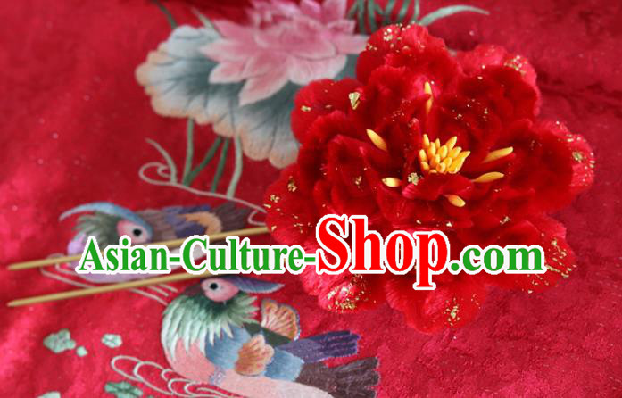 Handmade China Traditional Wedding Hanfu Hair Accessories Ancient Red Velvet Peony Hairpin